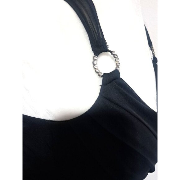 Vintage Trixxi Black Sleeveless Ruched Dress With Rhinestone Ring Strap Detail S - Picture 11 of 12